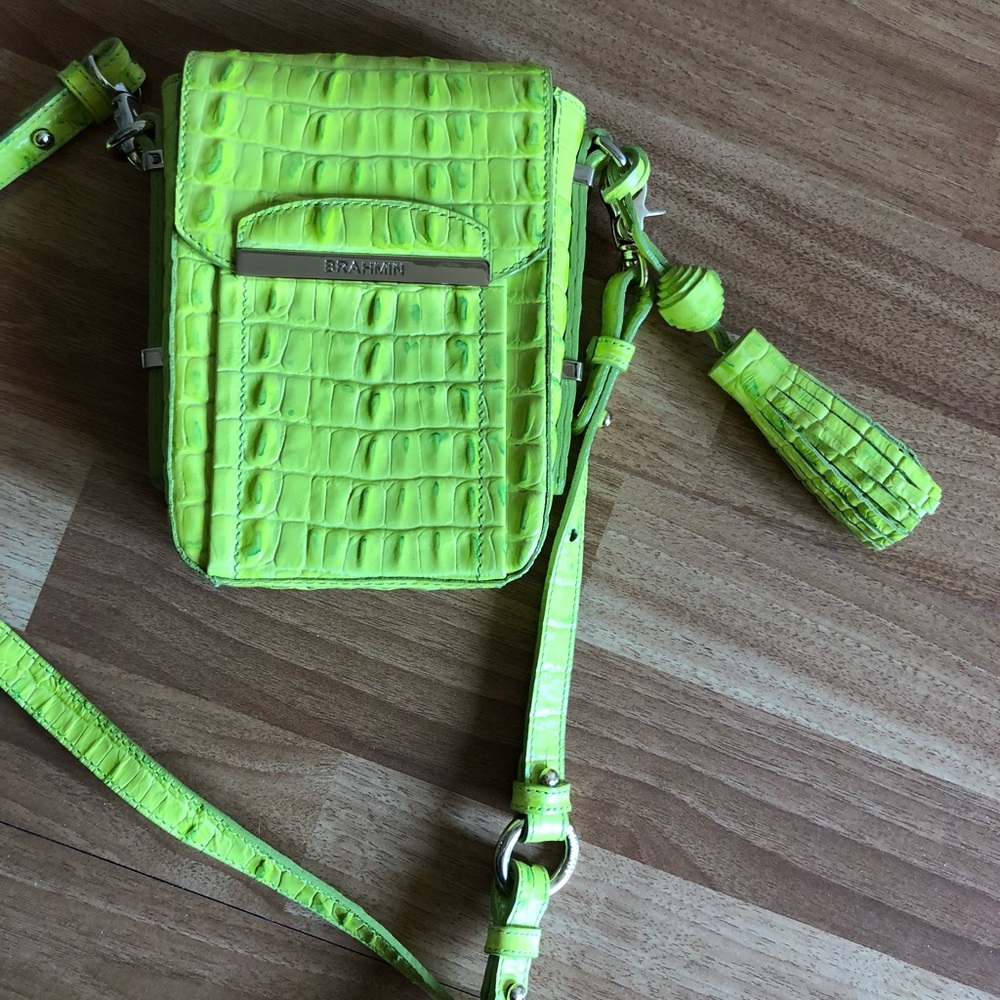 neon green leather cross body/phone purse.